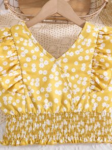SHEIN Chicas Blusa con estampado floral ribete con fruncido - Amarillo - Ver 5