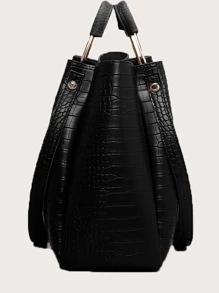 Bolso de mano, bolso de bandolera, monedero, conjunto de bolsa escolar, portátil, estilo clásico y casual, para adolescentes, mujeres, estudiantes universitarios, trabajadores de cuello blanco. Perfecto para la oficina y la escuela primaria. Hecho de PU con diseño de patrón de cocodrilo retro de unicolor. - Negro - Ver 5