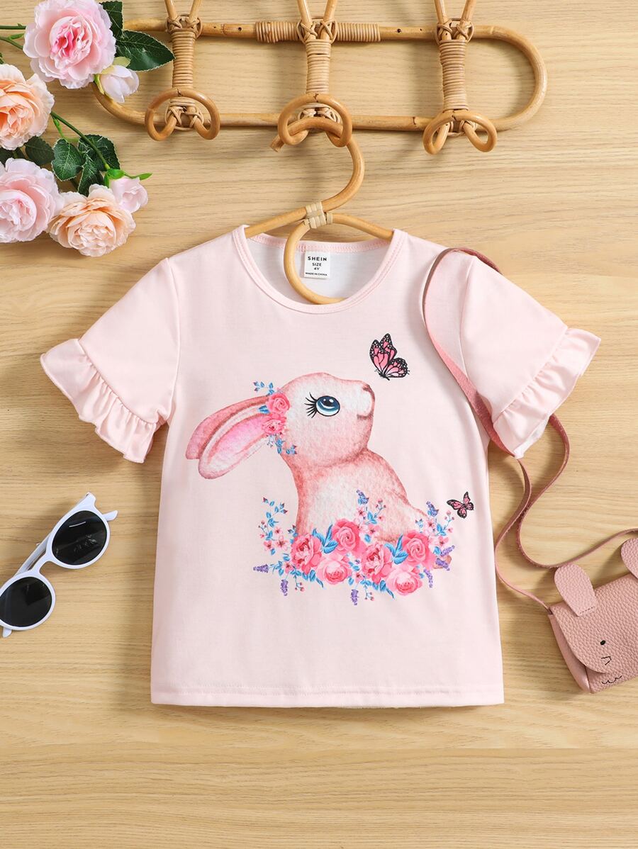 Niñas Camiseta conejo & con estampado de mariposa de manga con volante - Rosa Pálido - Ver 1
