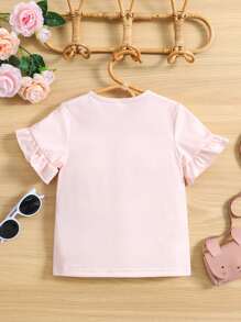 Niñas Camiseta conejo & con estampado de mariposa de manga con volante - Rosa Pálido - Ver 2