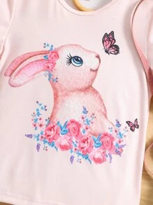 Niñas Camiseta conejo & con estampado de mariposa de manga con volante - Rosa Pálido - Ver 3