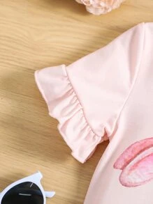 Niñas Camiseta conejo & con estampado de mariposa de manga con volante - Rosa Pálido - Ver 4