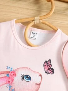 Niñas Camiseta conejo & con estampado de mariposa de manga con volante - Rosa Pálido - Ver 6