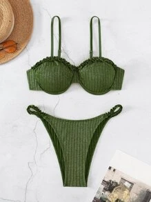 Frill Trim Underwire Summer Beach Bikini Set - Army Green - View 1
