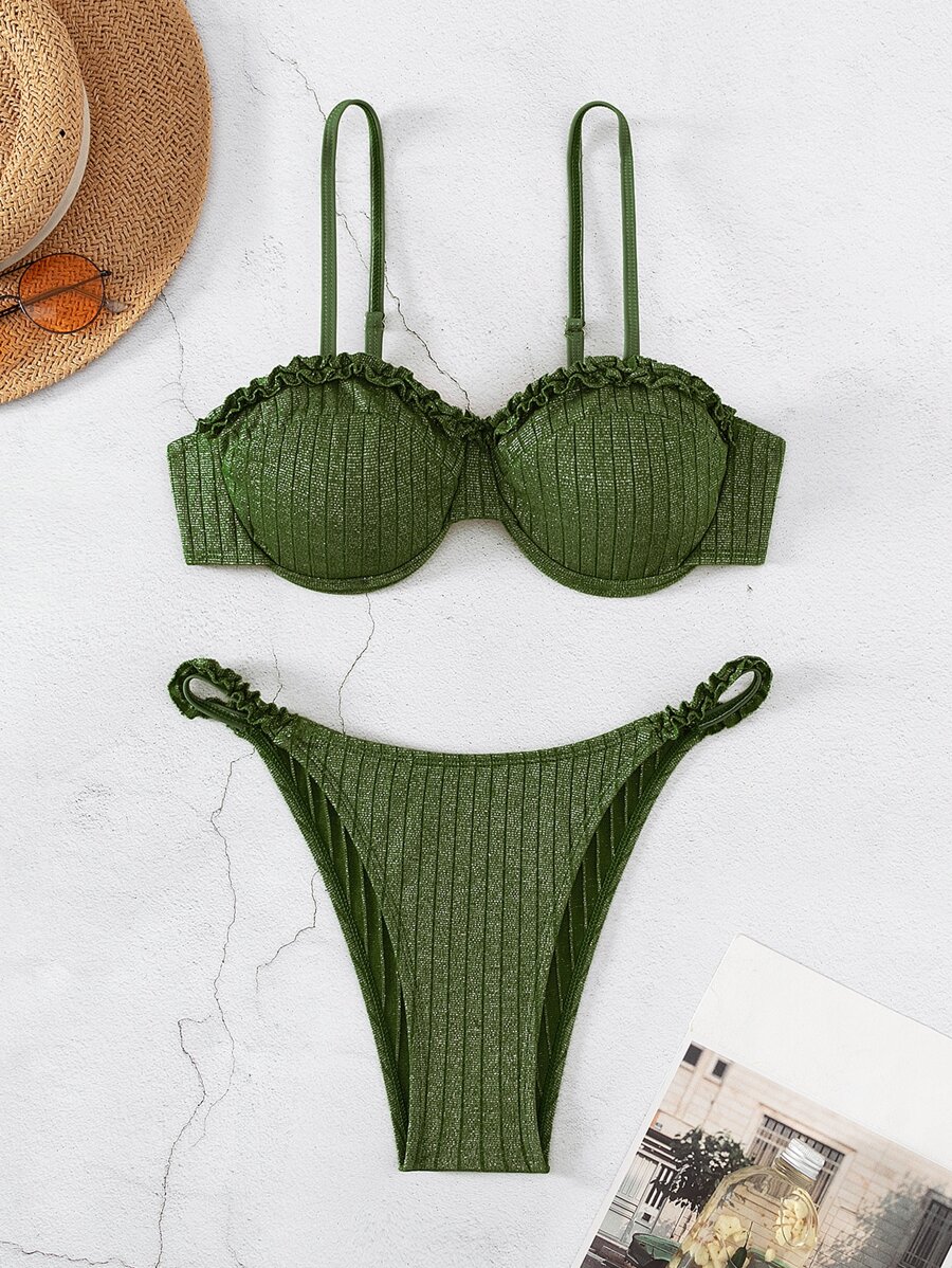 Frill Trim Underwire Summer Beach Bikini Set - Army Green - View 1
