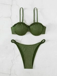 Frill Trim Underwire Summer Beach Bikini Set - Army Green - View 5