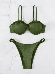 Frill Trim Underwire Summer Beach Bikini Set - Army Green - View 6