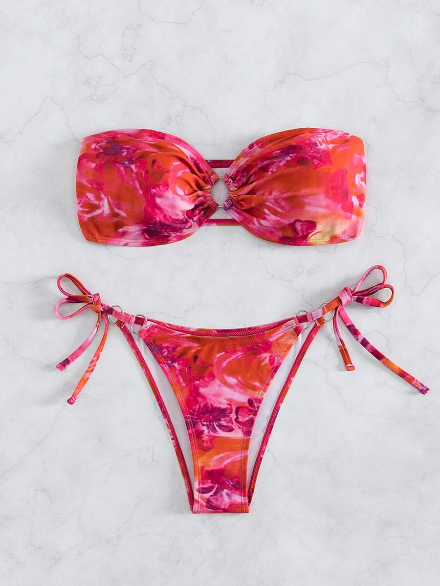 Allover Print Bandeau Tie Side Summer Beach Bikini Set - Multicolor - View 1