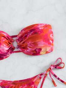 Allover Print Bandeau Tie Side Summer Beach Bikini Set - Multicolor - View 4