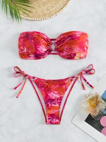 Allover Print Bandeau Tie Side Summer Beach Bikini Set - Multicolor - View 5