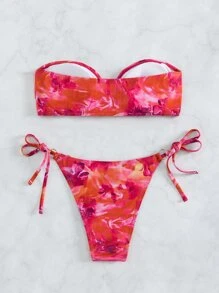 Allover Print Bandeau Tie Side Summer Beach Bikini Set - Multicolor - View 6