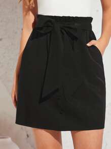 SHEIN Clasi Váy nữ Thắt lưng Quần paper-bag màu trơn Giải trí - màu đen - Xem 1