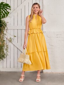 SHEIN VCAY Vestido de cuello con cordón bajo con fruncido - Amarillo - Ver 1