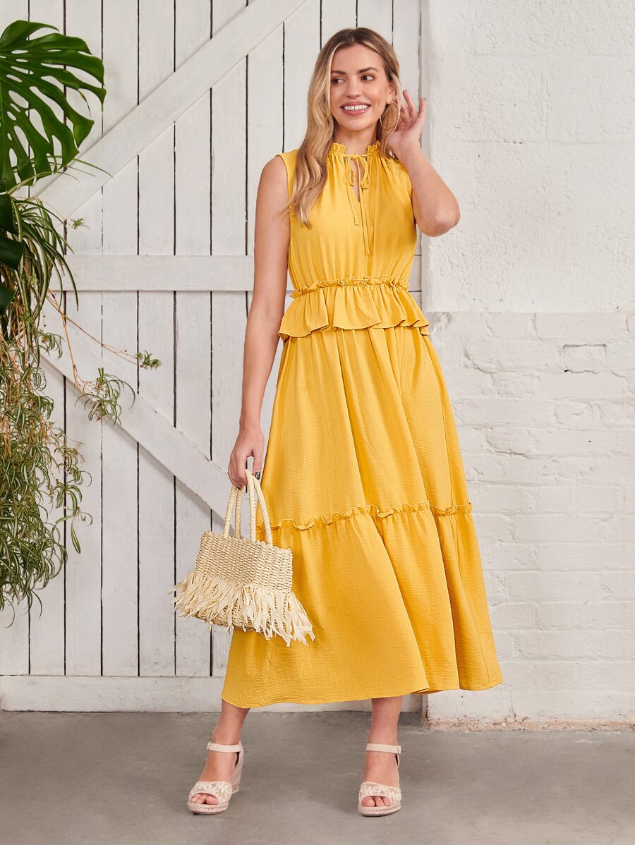 SHEIN VCAY Vestido de cuello con cordón bajo con fruncido - Amarillo - Ver 1