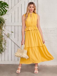 SHEIN VCAY Vestido de cuello con cordón bajo con fruncido - Amarillo - Ver 5