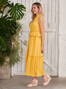 SHEIN VCAY Vestido de cuello con cordón bajo con fruncido - Amarillo - Ver 8