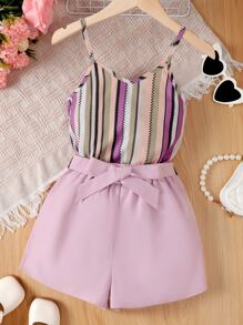 SHEIN Girls Striped Print Cami Top & Belted Shorts - Multicolor - View 1