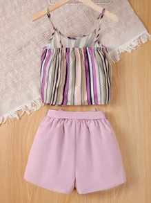 SHEIN Girls Striped Print Cami Top & Belted Shorts - Multicolor - View 2