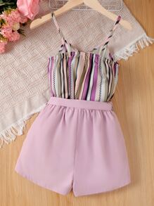 SHEIN Girls Striped Print Cami Top & Belted Shorts - Multicolor - View 3