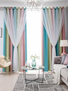 1入組現代簡約漸變星形鏤空雙層全遮光臥室客廳隔熱窗簾 - 粉色 - 查看 1