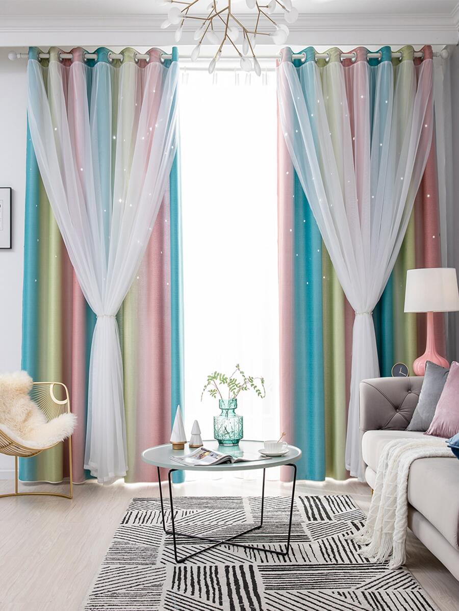 1入組現代簡約漸變星形鏤空雙層全遮光臥室客廳隔熱窗簾 - 粉色 - 查看 1