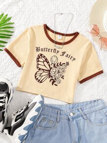 Girls Butterfly & Letter Graphic Contrast Binding Tee - Apricot - View 1