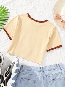 Girls Butterfly & Letter Graphic Contrast Binding Tee - Apricot - View 2