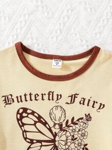 Girls Butterfly & Letter Graphic Contrast Binding Tee - Apricot - View 3