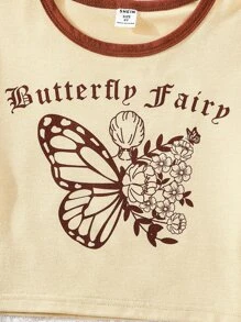 Girls Butterfly & Letter Graphic Contrast Binding Tee - Apricot - View 5