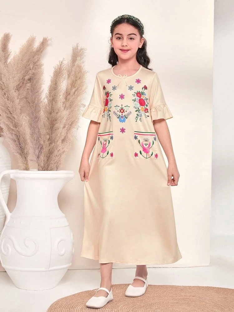 Girls 1pc Floral Print Dual Pockets Tunic Dress