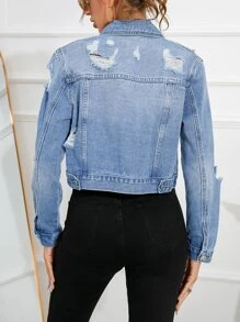 SHEIN Essnce Áo khoác & áo khoác denim nữ Nút phía trước Túi Bị tách màu trơn Giải trí - Rửa trung bình - Xem 2