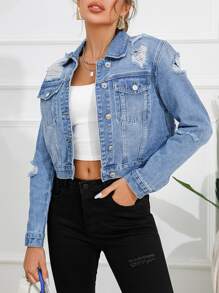 SHEIN Essnce Áo khoác & áo khoác denim nữ Nút phía trước Túi Bị tách màu trơn Giải trí - Rửa trung bình - Xem 3