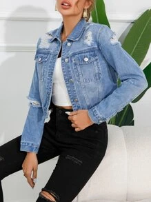 SHEIN Essnce Áo khoác & áo khoác denim nữ Nút phía trước Túi Bị tách màu trơn Giải trí - Rửa trung bình - Xem 6