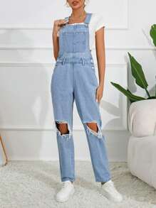 Ripped Cut Out Patched Pocket Denim Dungarees Without Tee - Light Wash - View 3