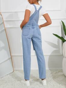 Ripped Cut Out Patched Pocket Denim Dungarees Without Tee - Light Wash - View 2