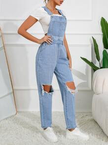 Ripped Cut Out Patched Pocket Denim Dungarees Without Tee - Light Wash - View 4
