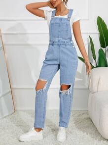 Ripped Cut Out Patched Pocket Denim Dungarees Without Tee - Light Wash - View 5
