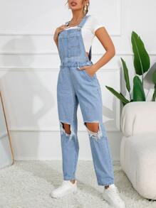 Ripped Cut Out Patched Pocket Denim Dungarees Without Tee - Light Wash - View 6