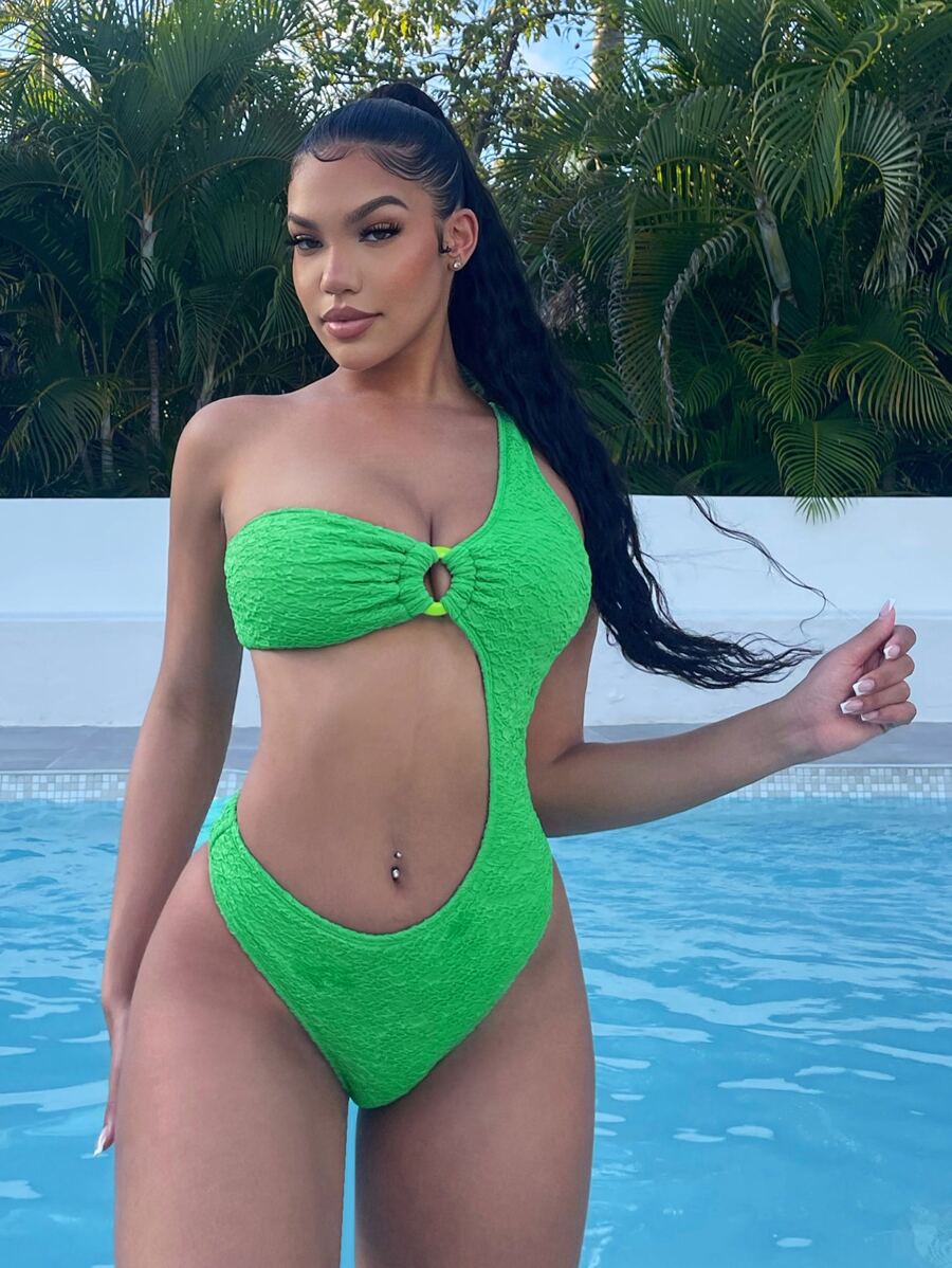 鏤空環鏈單肩連體泳衣 - 青檸色 - 查看 1