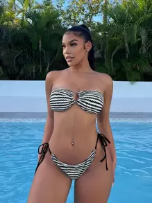 Striped Ring Linked Bandeau Summer Beach Bikini Set - Black and White - View 1