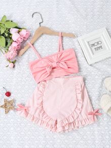 Top de tirantes con lazo en la parte delantera para niñas pequeñas y shorts con ribete de volantes - Rosa - Ver 1