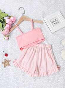 Top de tirantes con lazo en la parte delantera para niñas pequeñas y shorts con ribete de volantes - Rosa - Ver 2