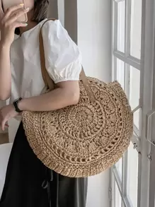 Túi rơm tote dung tích lớn đơn giản, Túi đựng đồ du lịch phù hợp, Túi đi biển hợp thời trang, Túi rơm rỗng - Màu Khaki - Xem 1