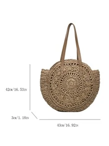 Túi rơm tote dung tích lớn đơn giản, Túi đựng đồ du lịch phù hợp, Túi đi biển hợp thời trang, Túi rơm rỗng - Màu Khaki - Xem 3