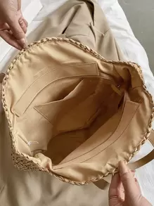 Túi rơm tote dung tích lớn đơn giản, Túi đựng đồ du lịch phù hợp, Túi đi biển hợp thời trang, Túi rơm rỗng - Màu Khaki - Xem 5