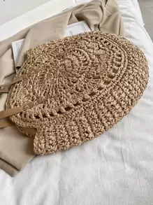 Túi rơm tote dung tích lớn đơn giản, Túi đựng đồ du lịch phù hợp, Túi đi biển hợp thời trang, Túi rơm rỗng - Màu Khaki - Xem 7