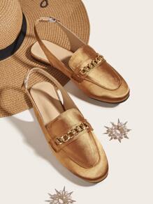Women Chain Decor Flats Glamorous Mustard Yellow Satin Slingback Flats - Mustard Yellow - View 1