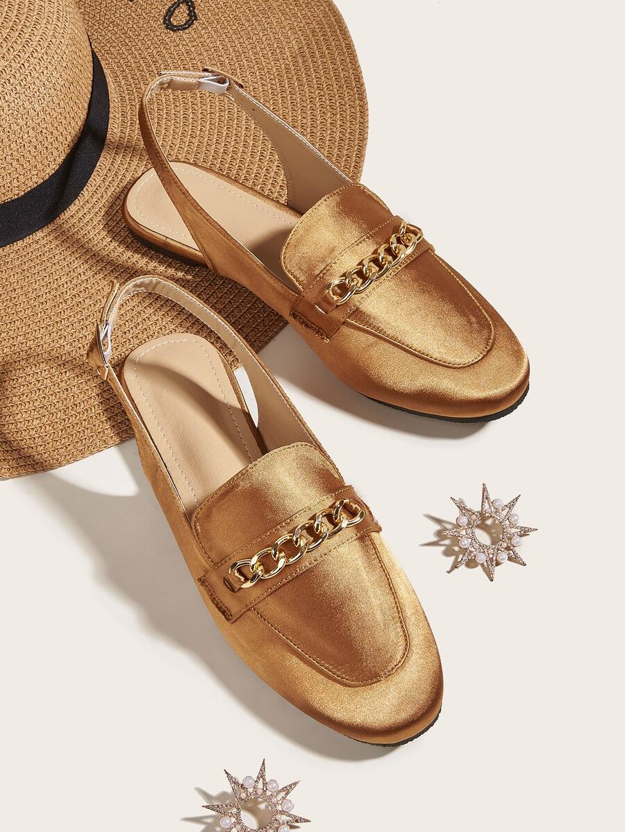 Women Chain Decor Flats Glamorous Mustard Yellow Satin Slingback Flats - Mustard Yellow - View 1