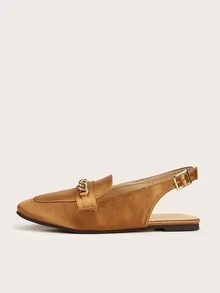 Women Chain Decor Flats Glamorous Mustard Yellow Satin Slingback Flats - Mustard Yellow - View 3