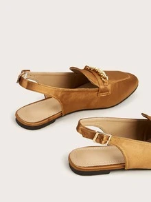 Women Chain Decor Flats Glamorous Mustard Yellow Satin Slingback Flats - Mustard Yellow - View 5